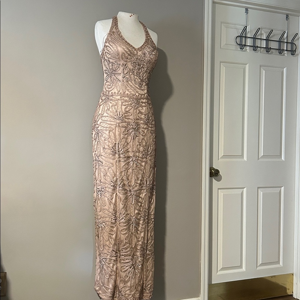 Sue Wong Beige Backless Dress with Detailed Embroidery